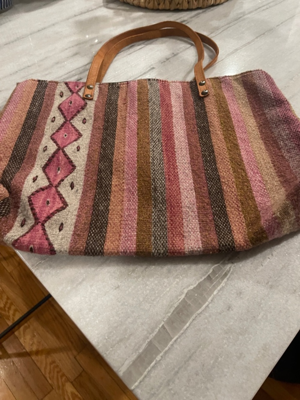 Striped Pink & Brown Woven Tote Bag with Leather Handles